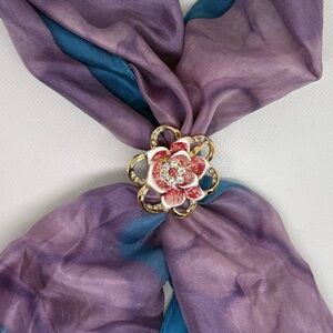 Luxury Gold-Tone Pink Enamel Rhinestone Floral Scarf Ring/Clip